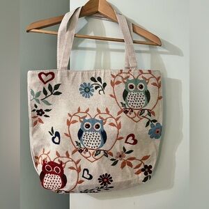 2/$15 multicolour owl tapestry large tote bag on a cream base